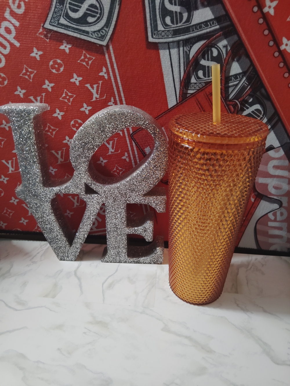 Unbranded Orange Textured Tumbler with Straw - Home Accents